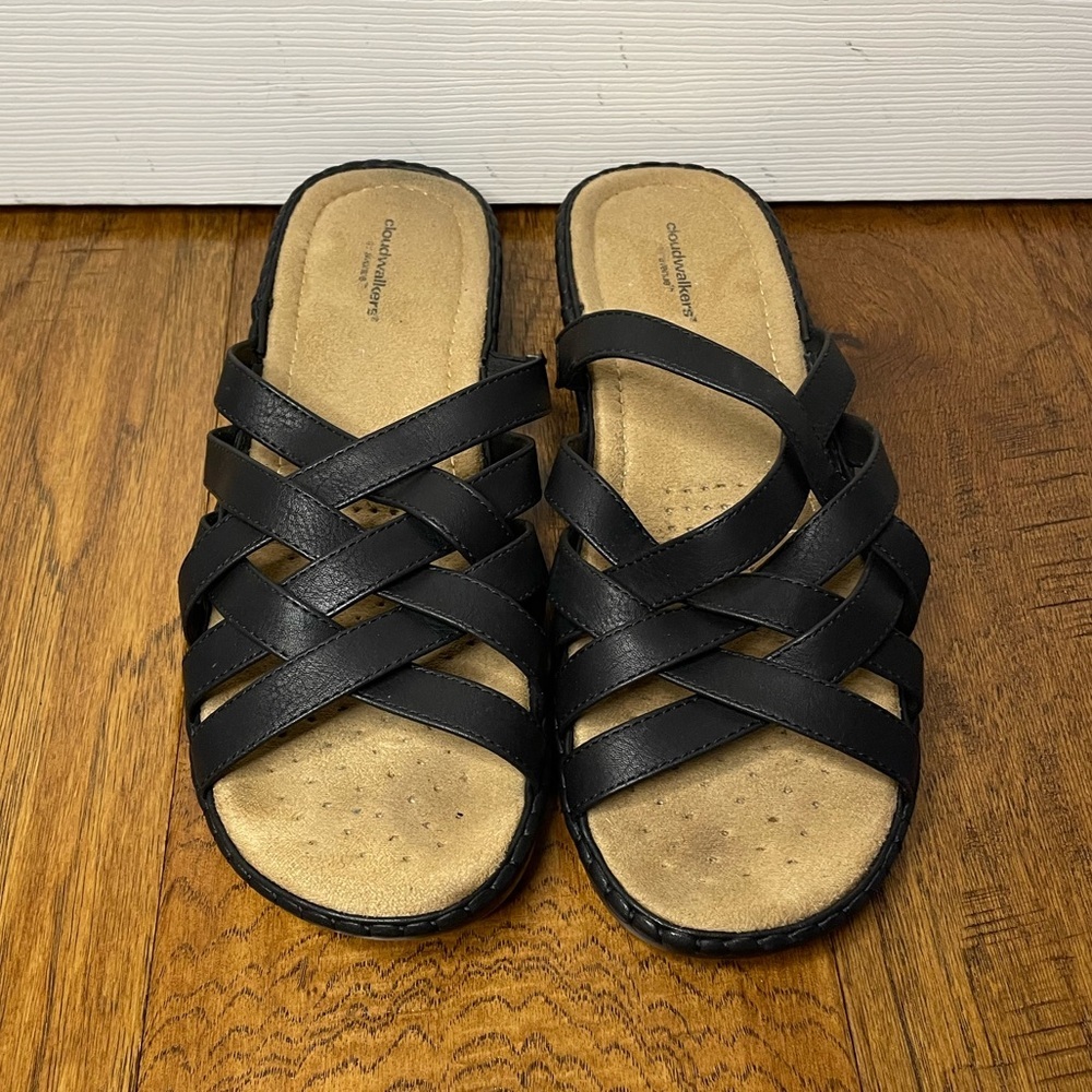 Cloudwalkers by Avenue black comfort sandals sz 12 wide EUC